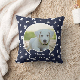 Almofada DIY Dog Photo Circle Name Bone White Paws Marinho