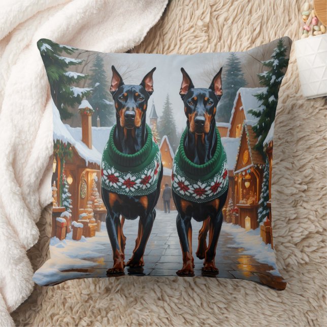 Almofada Doberman Dogs Christmas Snow Holiday  (Cobertor)