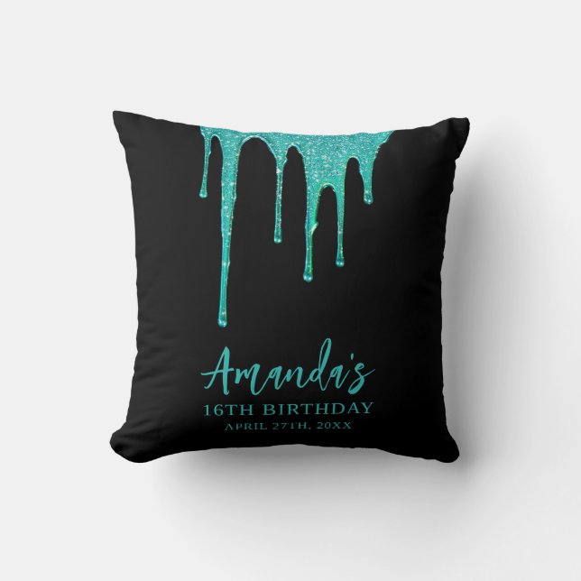 Almofada Doce 16 Aniversário com Glitter Teal Moderno (Frente)