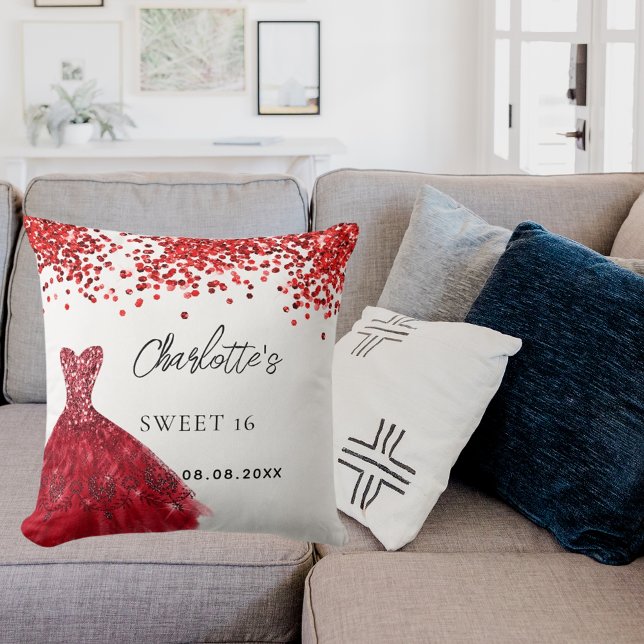 Almofada Doce 16 vestido vermelho — nome branco (Criador carregado)