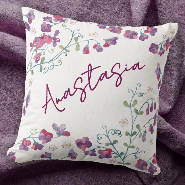 Almofada Doce Ervilha Margarida Personalizada do Mês de Nas (April birthday birth month flower personalized custom name watercolor sweet pea daisy throw pillow)