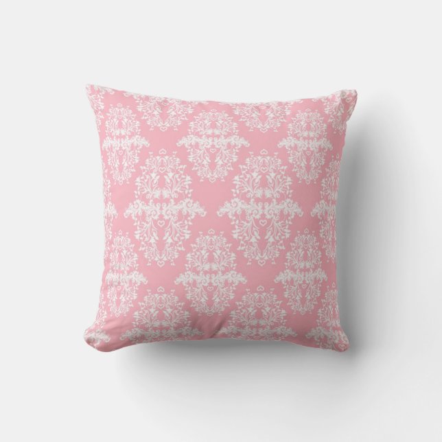 Almofada Doce padrão damasco rosa e branco vintage (Frente)