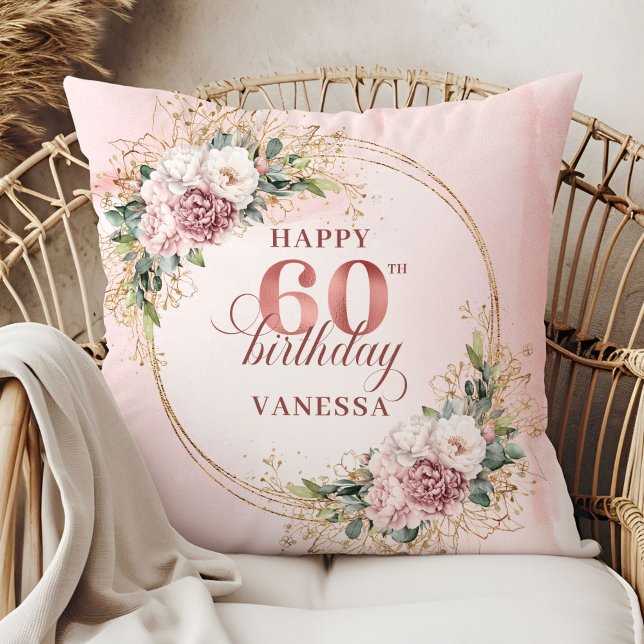 Almofada Doce Rosa Poeirento Presente de Aniversário de 60  (Sweet Dusty Pink Watercolor Gift 60th birthday pillow)