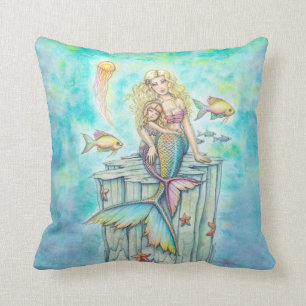 Almofada Doce Sereia e Filha Arte de Fantasia em Aquarela