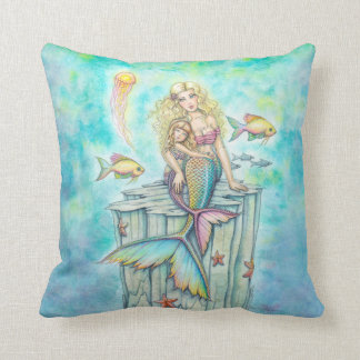 Almofada Doce Sereia e Filha Arte de Fantasia em Aquarela