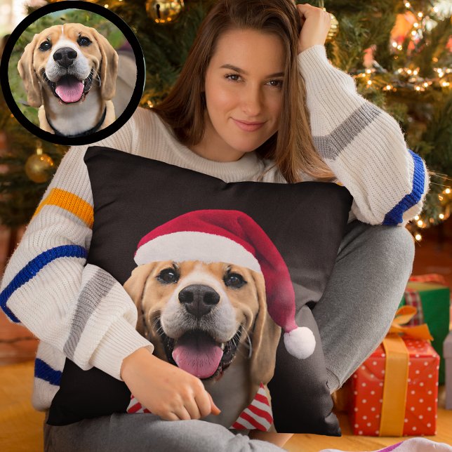 Almofada Dog Pet Photo with Digital Santa Hat  Scarf Gift (Criador carregado)