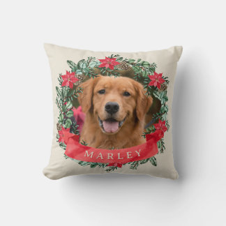 Almofada Dog Photo and Name Poinsettia Wreath Holiday Plaid