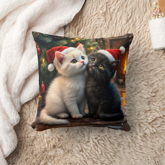 Almofada Dois gatinhos de Natal fofos com chapéus de Papai  (Cobertor)