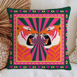 Almofada Dois Tigres Rugindo Rosa & Verde Maximalista Gato