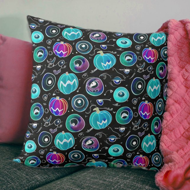 Almofada Doodle de Abóbora Olho de Monstro Azul Preto Assus (Criador carregado)