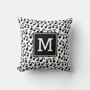 Almofada Doodle Music anota monograma personalizado B/W