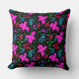 Almofada Doodle pattern flowers, leaves birds black backgro