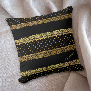 Almofada Dourada faixa de rendas preto Polkadot
