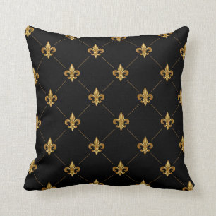 Almofada Dourada Fleur De Lis Cor damasco Elegante Preta