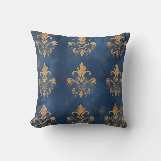 Almofada Dourada Fleur-de-Lis no Royal Blue (Frente)