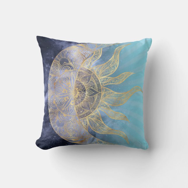 Almofada Dourada Lua Sun Mandala Celestial Design (Frente)