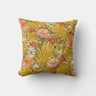 Almofada Douradas flores dahlia, design floral vintage.