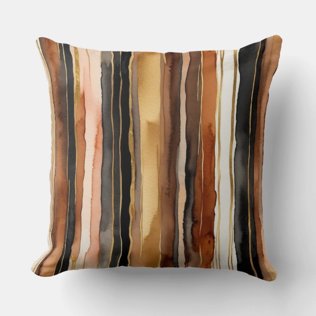Almofada Douradas tiras de abstrato pretas e ferrugem (Frente)