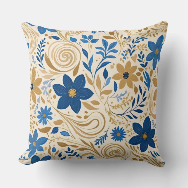 Almofada Dourado azul e branco floral com espirais (Frente)