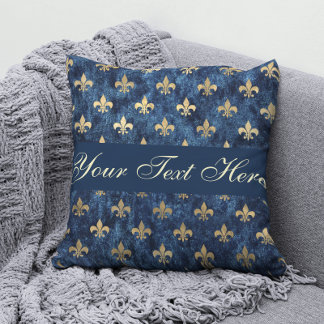 Almofada Dourado Azul Fleur De Lis Adicionar Seu Travesseir