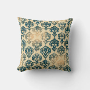 Almofada Dourado & Azul Vintage Rústico Glam Moderno Damasc