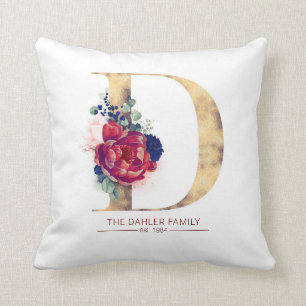 Almofada Dourado D Monograma Floral Vermelho e Marinho Azul