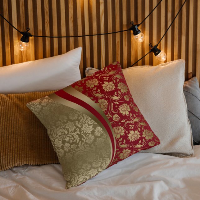 Almofada Dourado e profundo Damasco Floral Vermelho Design  (Criador carregado)