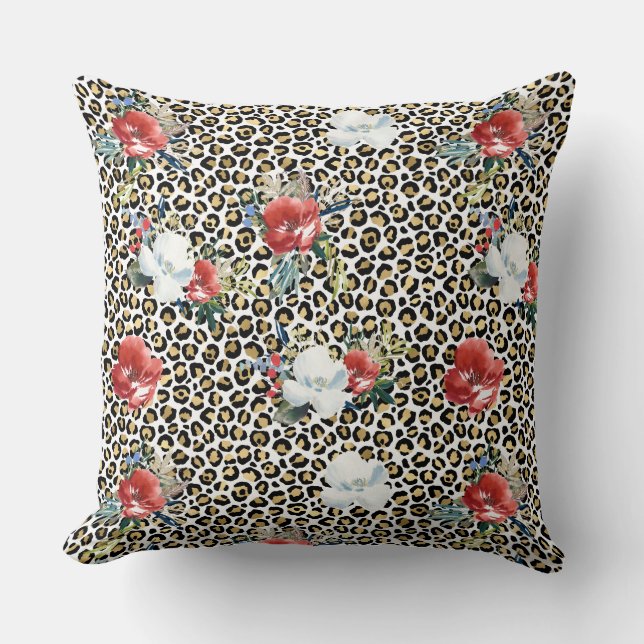 Almofada Dourado Leopardo Impresso Vermelho Floral Branco (Frente)
