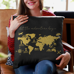 Almofada Dourado Mapa Mundial da Largura sobre a Aventura E