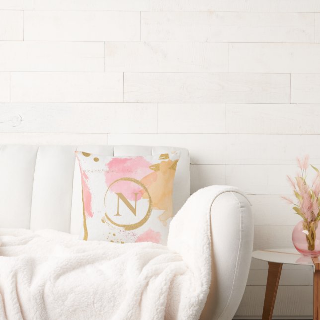 Almofada Dourado Monograma Cor-de-Rosa Pêssego, Abstrato Mo (Sofá)