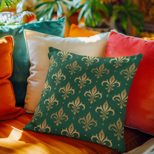 Almofada Dourado padrão uniforme de pulgas-de-lis em verde