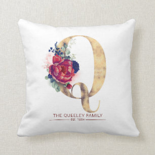 Almofada Dourado Q Monograma Floral Vermelho e Marinho Azul