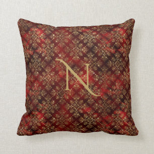Almofada Dourado Red Burgundy Monograma Damask Elegante Chi