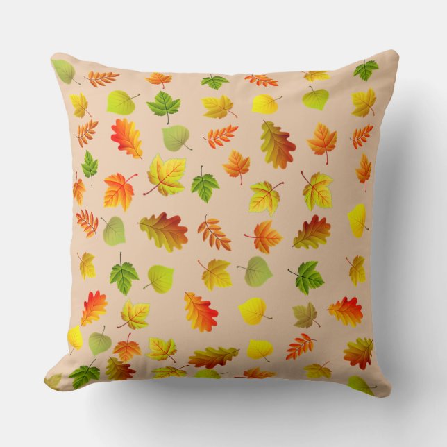 Almofada Dourado, Verde, Folhas de Outono Laranja em Bege (Frente)