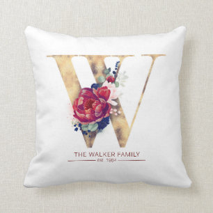 Almofada Dourado W Monograma Floral Vermelho e Marinho Azul