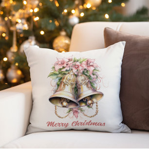 Almofada Dourados Sinos De Natal Flores Rosa