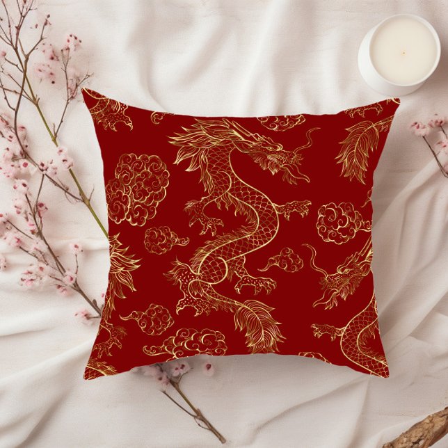 Almofada Dragão Chinês Dourado e Vermelho Escuro (Criador carregado)