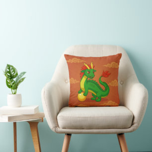 Almofada Dragão Chinês Verde em Vermelho