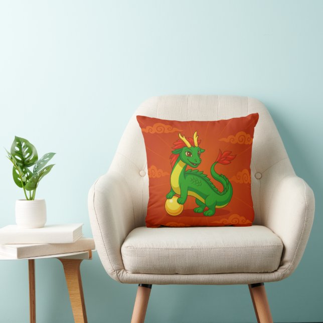 Almofada Dragão Chinês Verde em Vermelho (Cadeira)