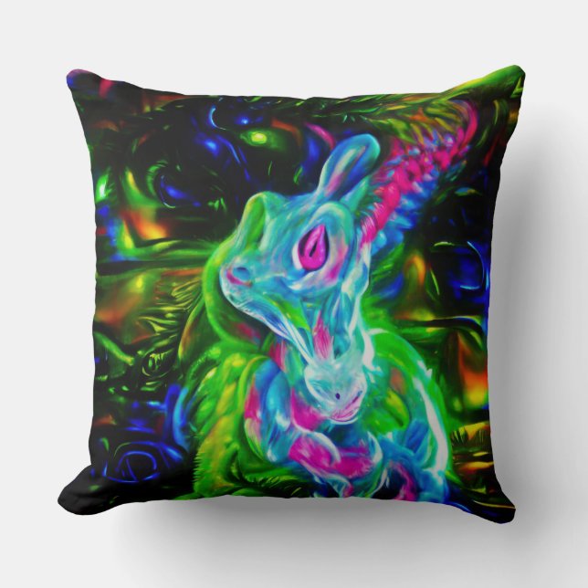 Almofada Dragão do Coelho Psicodélico em Neon Fantasy (Frente)