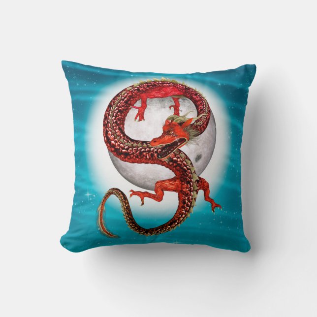 Almofada Dragão Lua Vermelha Arte de Fantasia Celestial (Frente)