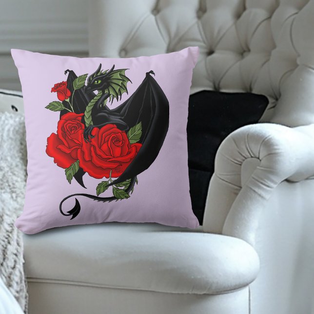 Almofada Dragão Preto Místico Rosas Vermelhas Lavanda Gótic (Criador carregado)