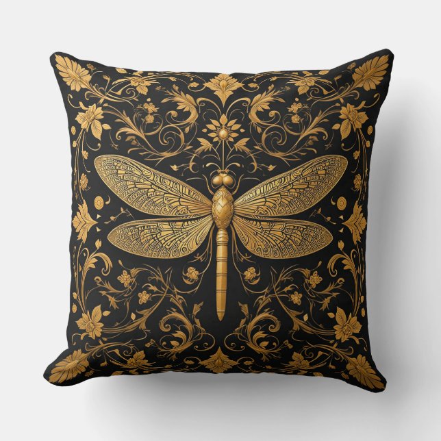 Almofada Dragonfly de Ouro refinada com Arte Floral (Frente)