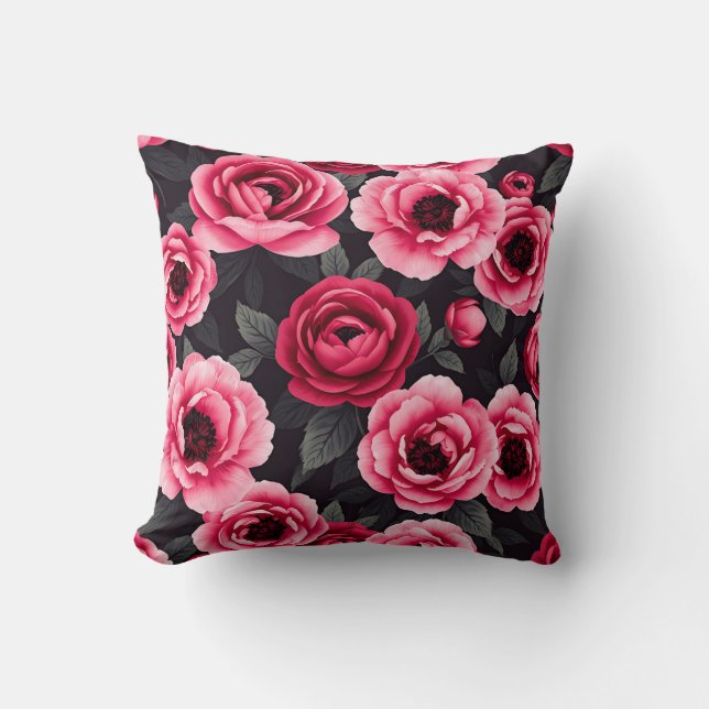 Almofada Dramática Peônia Floral Vintage Rosa Escuro (Frente)