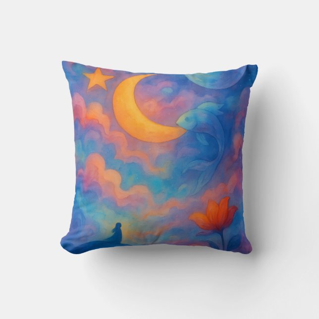 Almofada Dreamy Moon & Star Fantasy Watercolor Art (Frente)