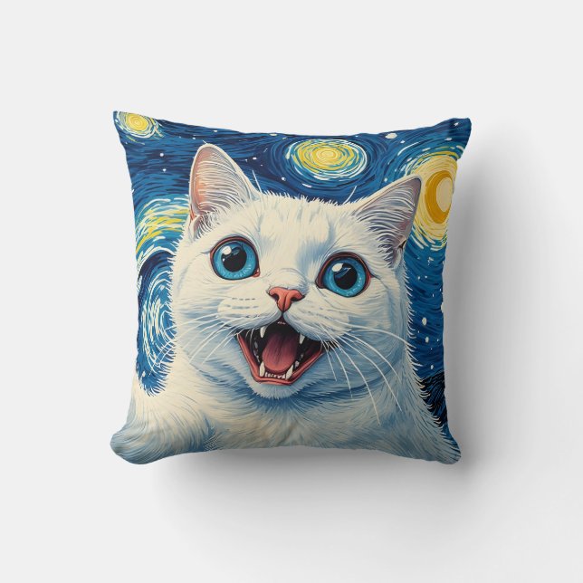 Almofada Dreamy Moonlight Starry Night White Cat Pillow (Frente)