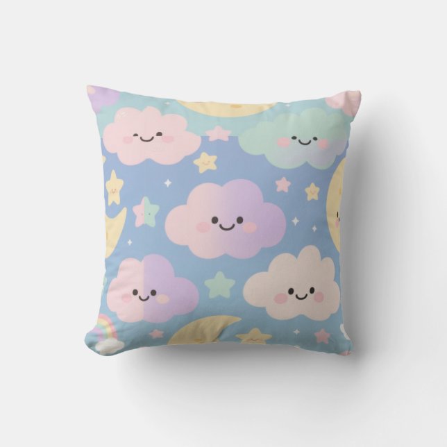 Almofada Dreamy Pastel Sky – Cute Cartoon Clouds & Moons Th (Frente)
