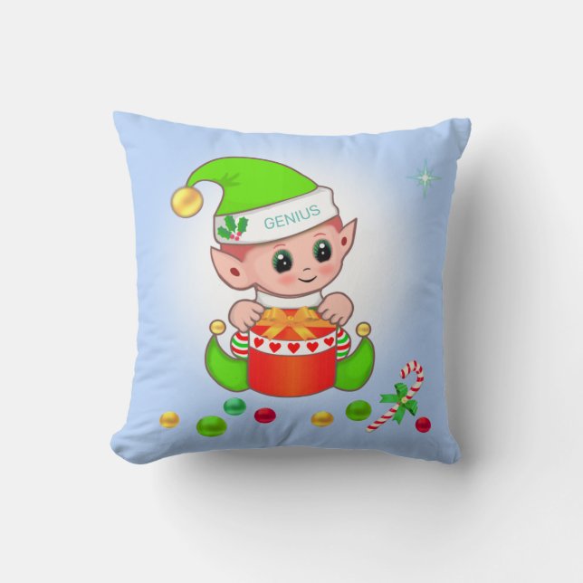 Almofada Duende de Natal verde & presente de Natal em azul  (Frente)