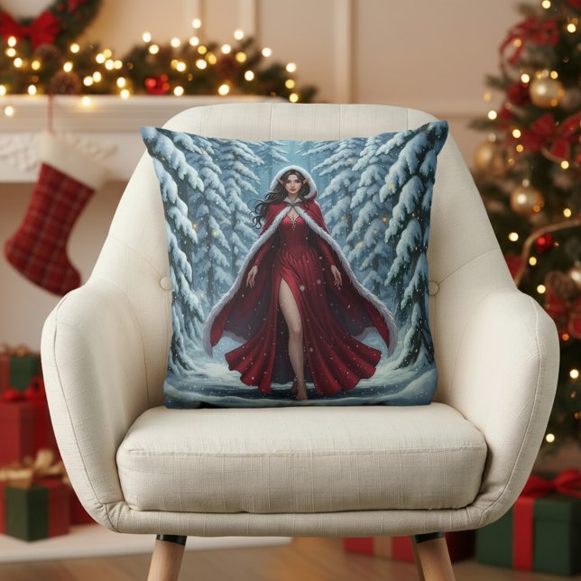 Almofada Duende de Natal Vermelho na Floresta Invernal Neva (Criador carregado)