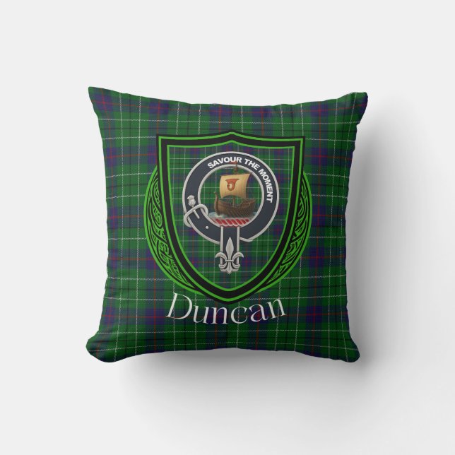 Almofada Duncan Scottish Clan Tartan and Crest (Frente)